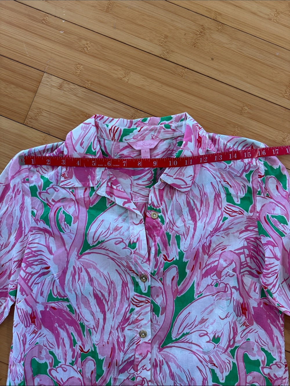 Lilly Pulitzer Pink & Green Flamingo Print Button-Front Long Sleeve Cover Up - Picture 2 of 5